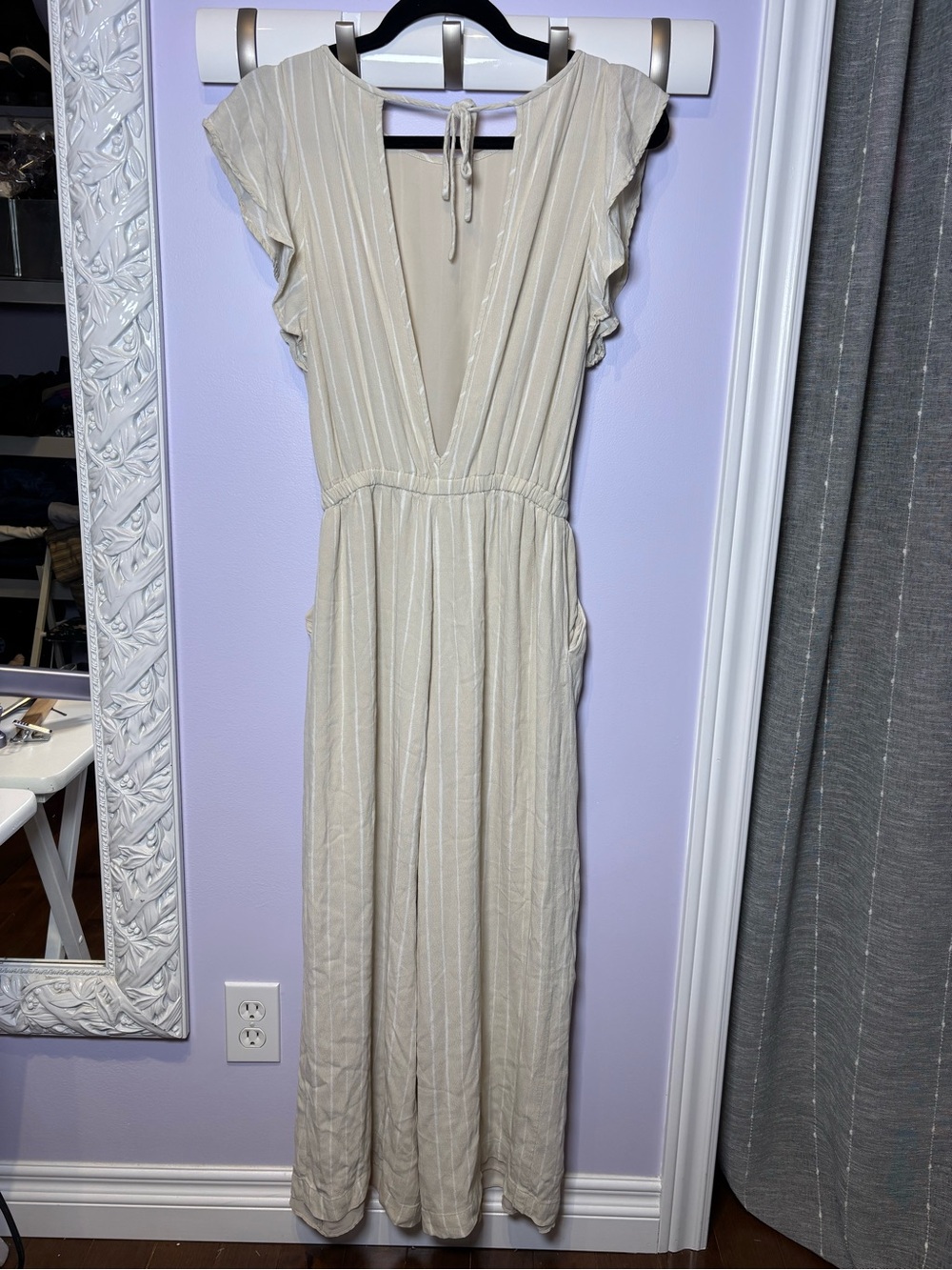 Wilfred Artizia Light Taupe White Striped Wide-Leg Ankle Length Jumpsuit Size S - Picture 5 of 8